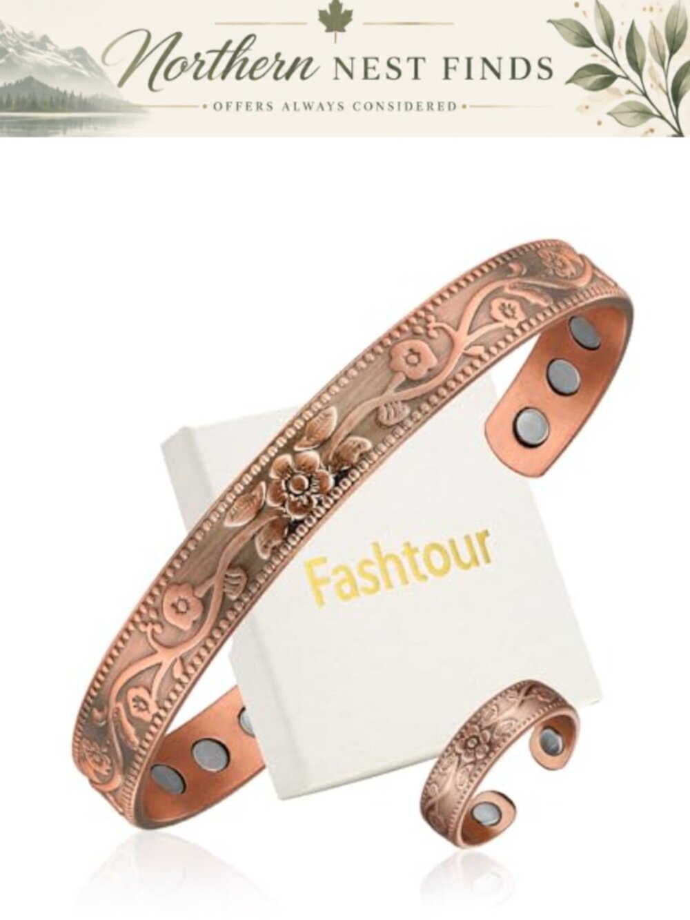 Pure Copper Magnetic Bracelet Ring Set Vintage Flower Adjustable Gift